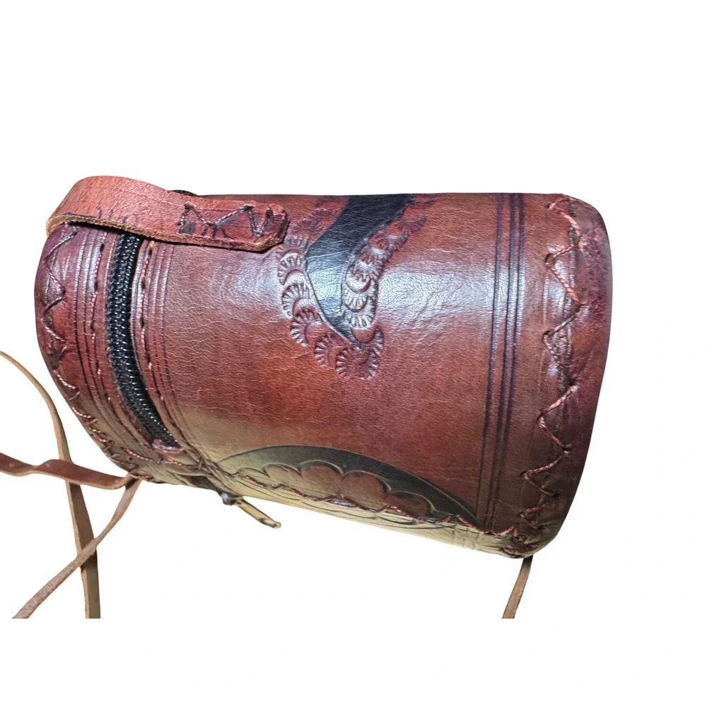 Hand Tooled Leather Cylinder Crossbody Bag Brown Gazelle Animal Folk Art Bag VTG